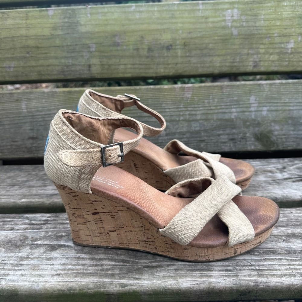 TOMS Sienna Oatmeal Linen Cork Wedge Sandals Size‎ 12 Tan Ankle Strap Platform